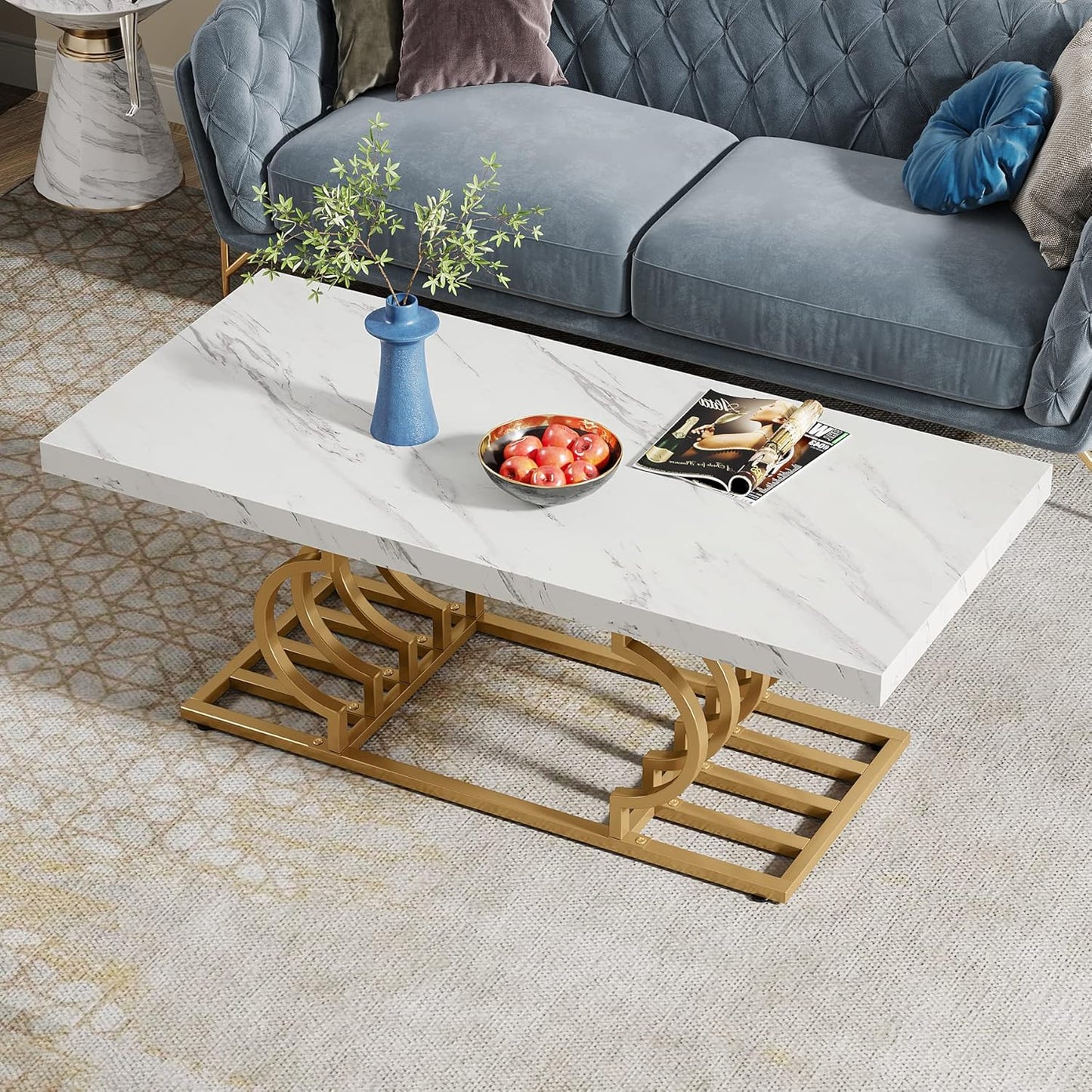 Tribesigns Modern Coffee Table, 47 Inch Faux Marble Cocktail Table with Geometric Frame, Rectangular Center Table Tea Table Accent Furniture for Living Room, Simple Assembly (White/Gold)