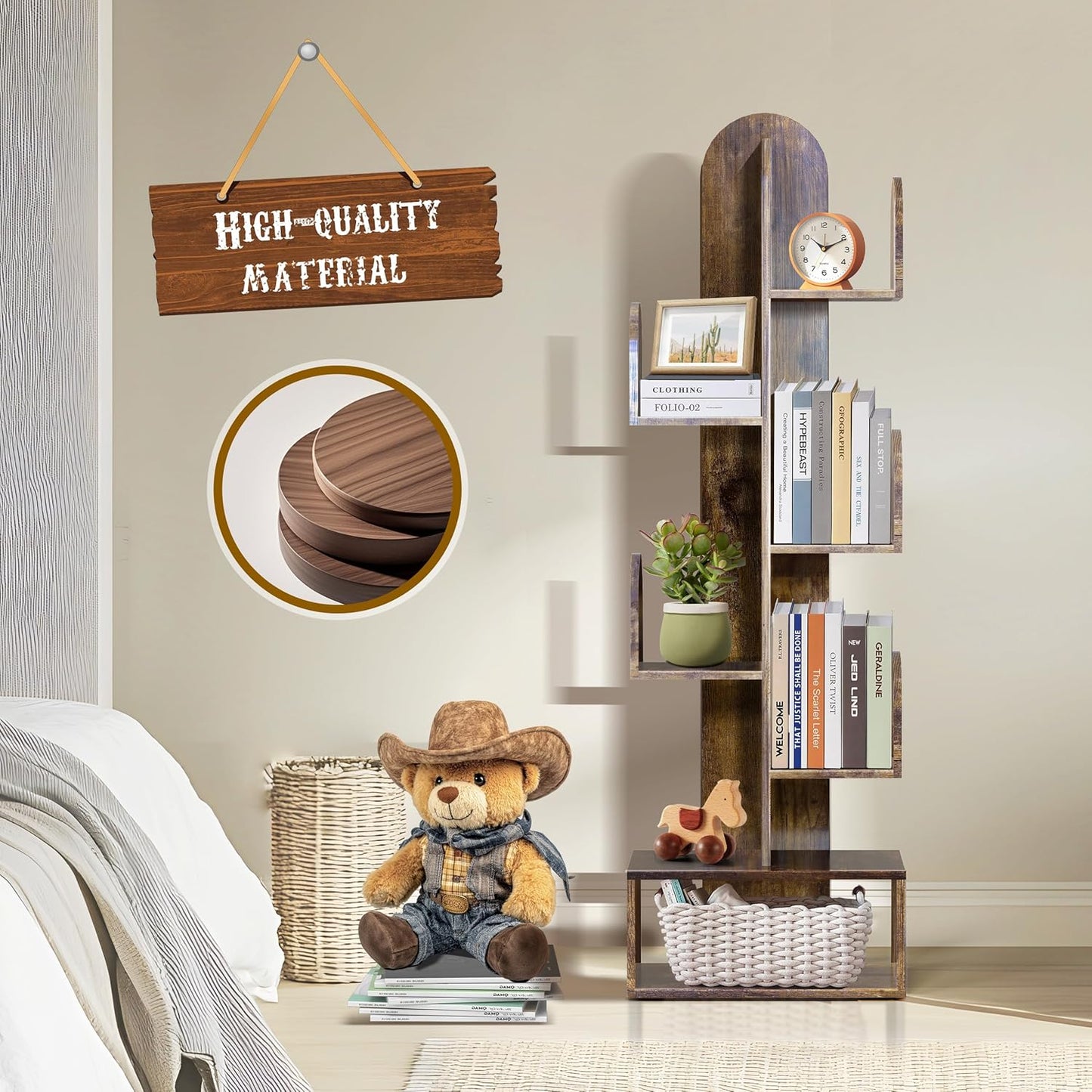 Cactus Tree Bookshelf, 5-Tier Wood 50" Tall Corner Storage Rack for CDs/Movies/Books, Small Space-Saving Organizer Shelves for Living Room, Bedroom, Home Office (Rustic Brown)