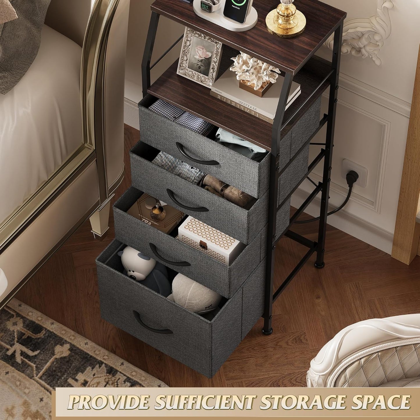 WLIVE Nightstand with Charging Station, Night Stand with LED Light, Tall 4 Drawer Dresser for Bedroom, 37" H Bedside Table with Fabric Storage Bins, Open Wood Shelf, Metal Frame, Dark Grey