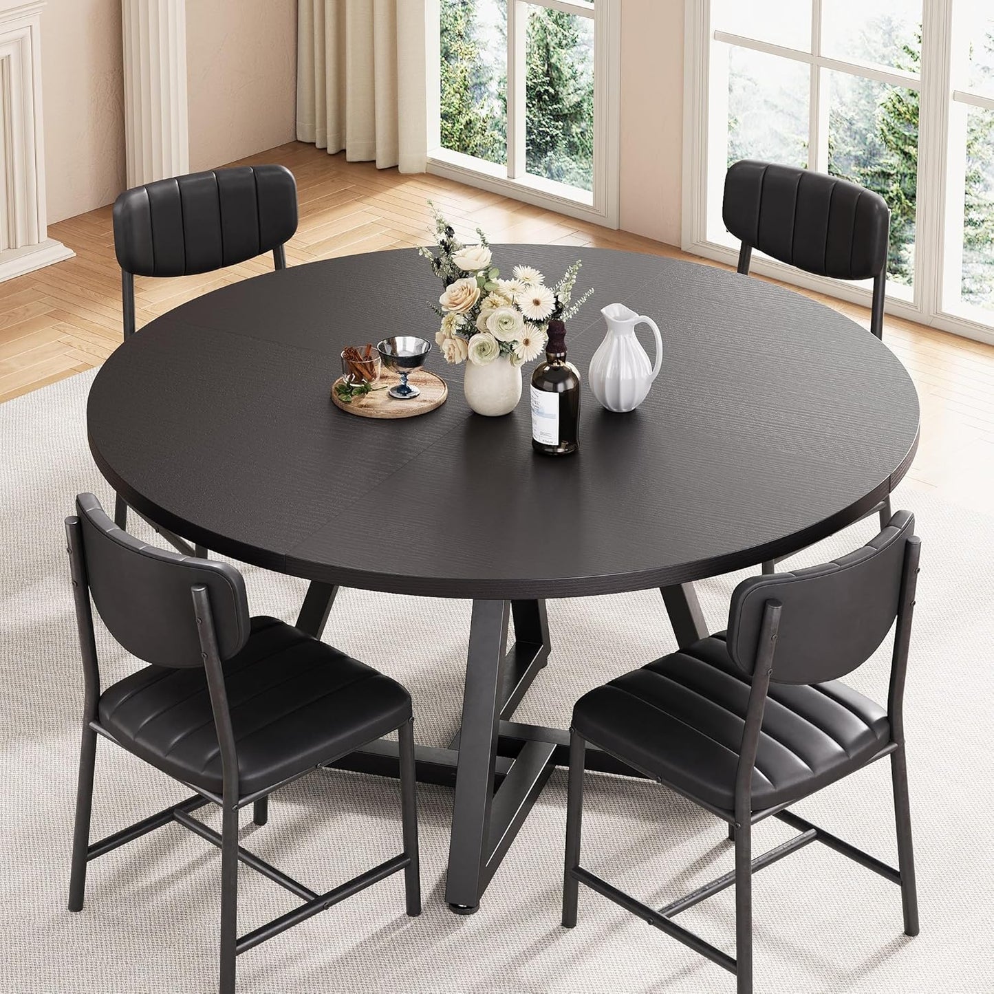 51“ Round Kitchen Dining Room Table for 6-8, Circle Dining Dinner Table with Pedestal Metal Frame, Space Saving Wood Industrial Furniture for Small Space (Black, 51In)