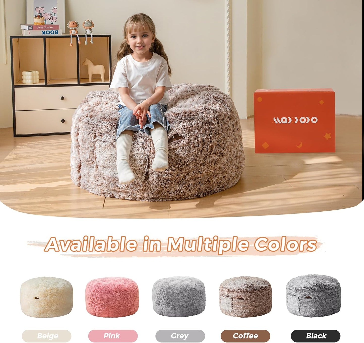 MAXYOYO Kids Bean Bag Chair, Stuffed Faux Fur Bean Bag for Toddler, Ultra Soft Floor Sofa with High-Density Foam Filling, Lazy Chair for Living Room, Playroom, Nursery Room