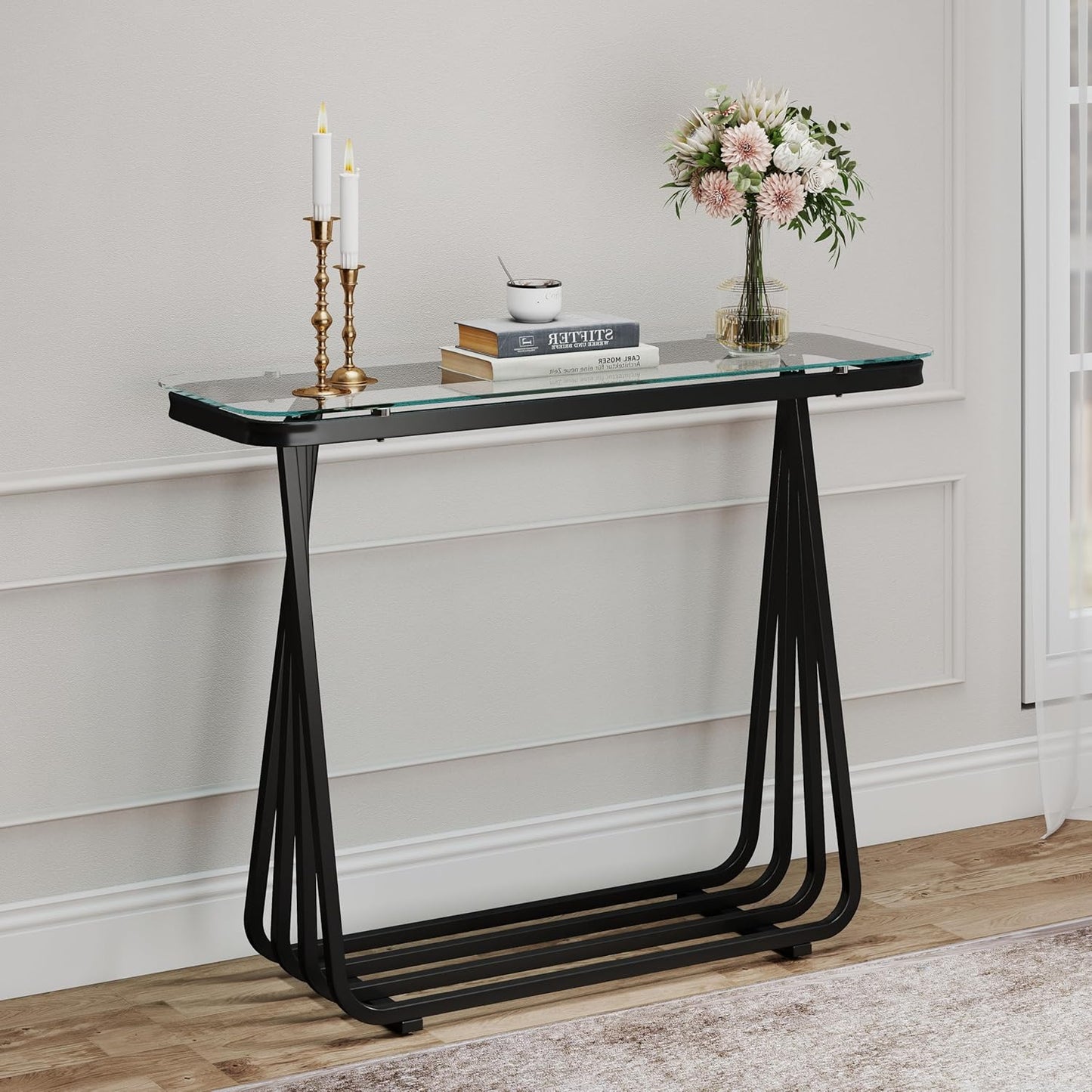 OIOG Glass Console Table for Entryway, Modern Entrance Table with Tempered Glass, Black Sofa Table for Living Room Hallway