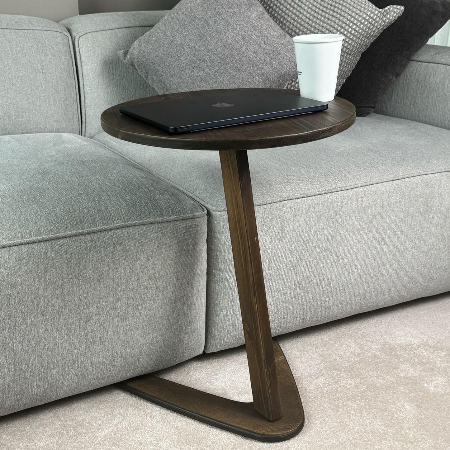 C-Shaped Handmade End Table, Side Table for Couches, Sofa Tables Slide Under Couch for Living Room, Over Couch TV Tray Table for Small Spaces (Large, Dark Walnut)