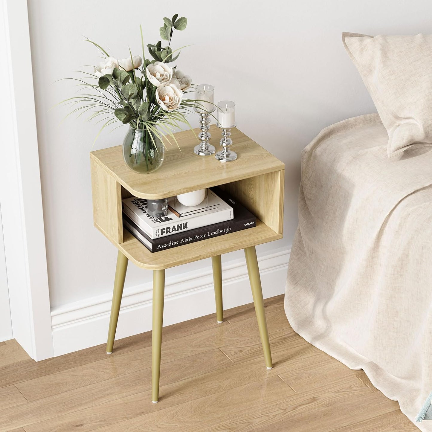 Natural Nightstand Set of 2, Small Bed Side Table for Small Spaces, Mid Century Modern Nightstand End Table with Open Storage, Side Table for Bedroom Living Room, MLBZ20Y-2