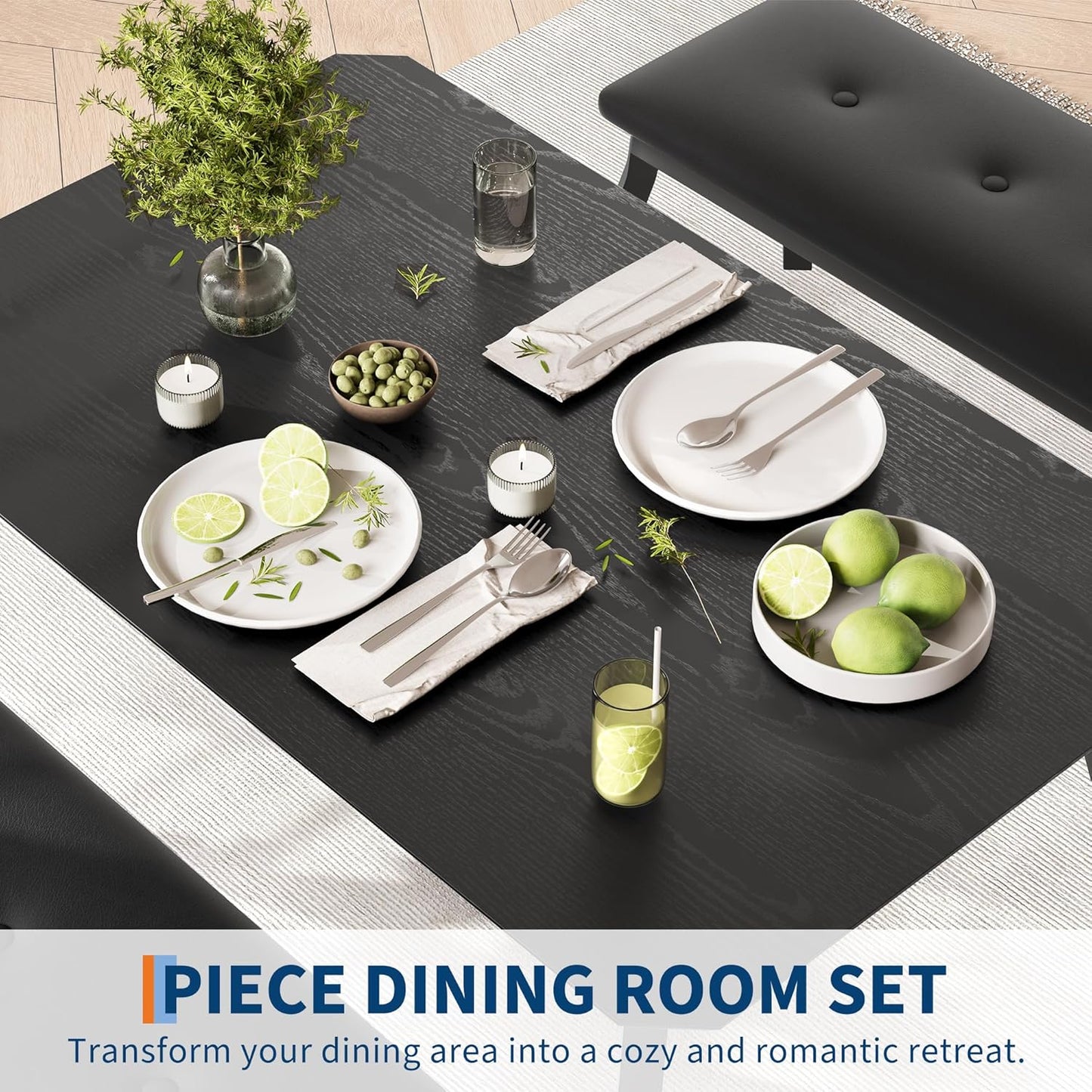 GAOMON Dining Table Set for 4, Metal Frame Kitchen Table Set with 2 Upholstered Bench, 3 Piece Dining Room Table Furniture for Apartment, Studio, Home, Easy Assembly, Black