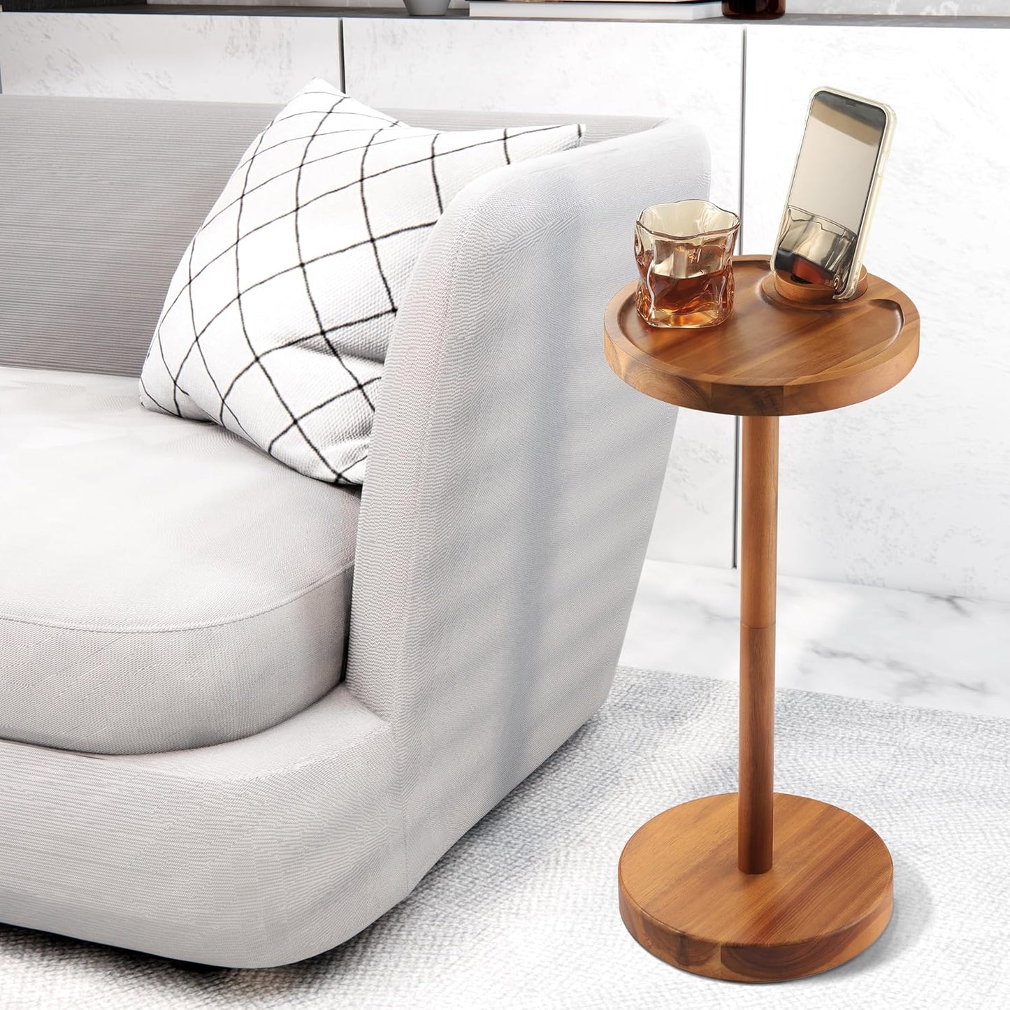 Pedestal Side Table, Acacia Drink Table with Weighted Base, Small Round Side Table for Small Spaces with 360 Rotating Phone Holder, Martini & Cocktail Pedestal End Table for Living Room, Home Office