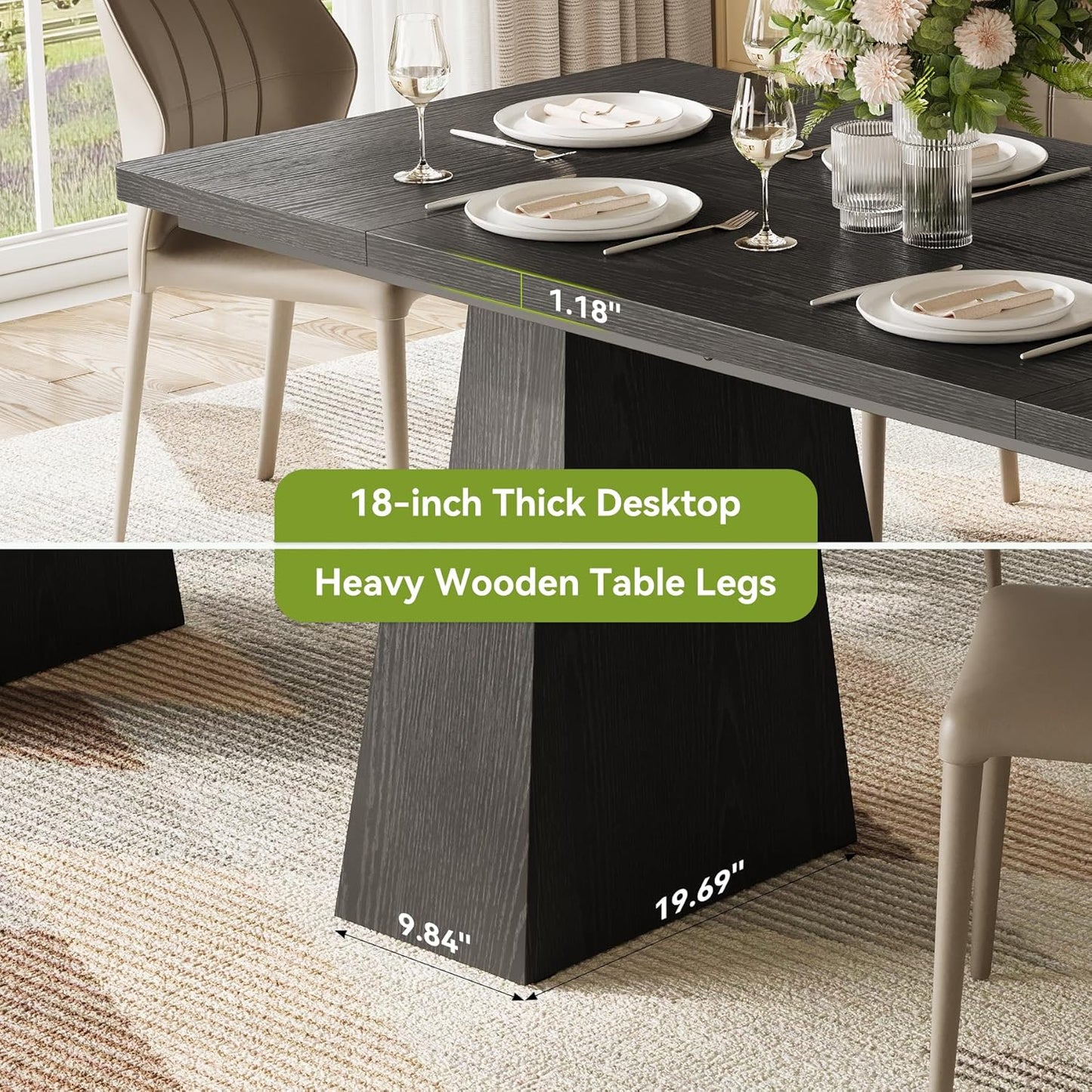 LITTLE TREE Dining Table for 6 People, Wooden Table, Rectangle Furniture with Heavy Duty Legs, Modern Kitchen Table for Home, Dining Room, Black