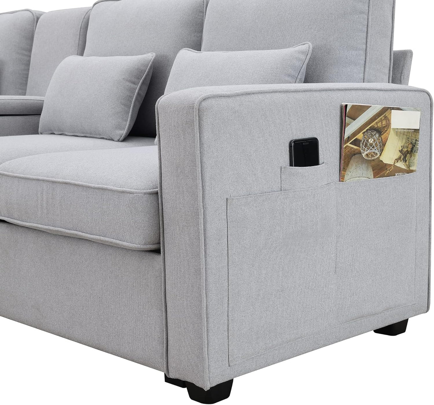 114.2" Linen Upholstered Sofa with Console and 2 USB Ports Wired or Wirelessly Charged,Modern 4-Seat Couches W/ 4 Pillows and Two Cupholders,for Living Room,Apartment,Light Gray