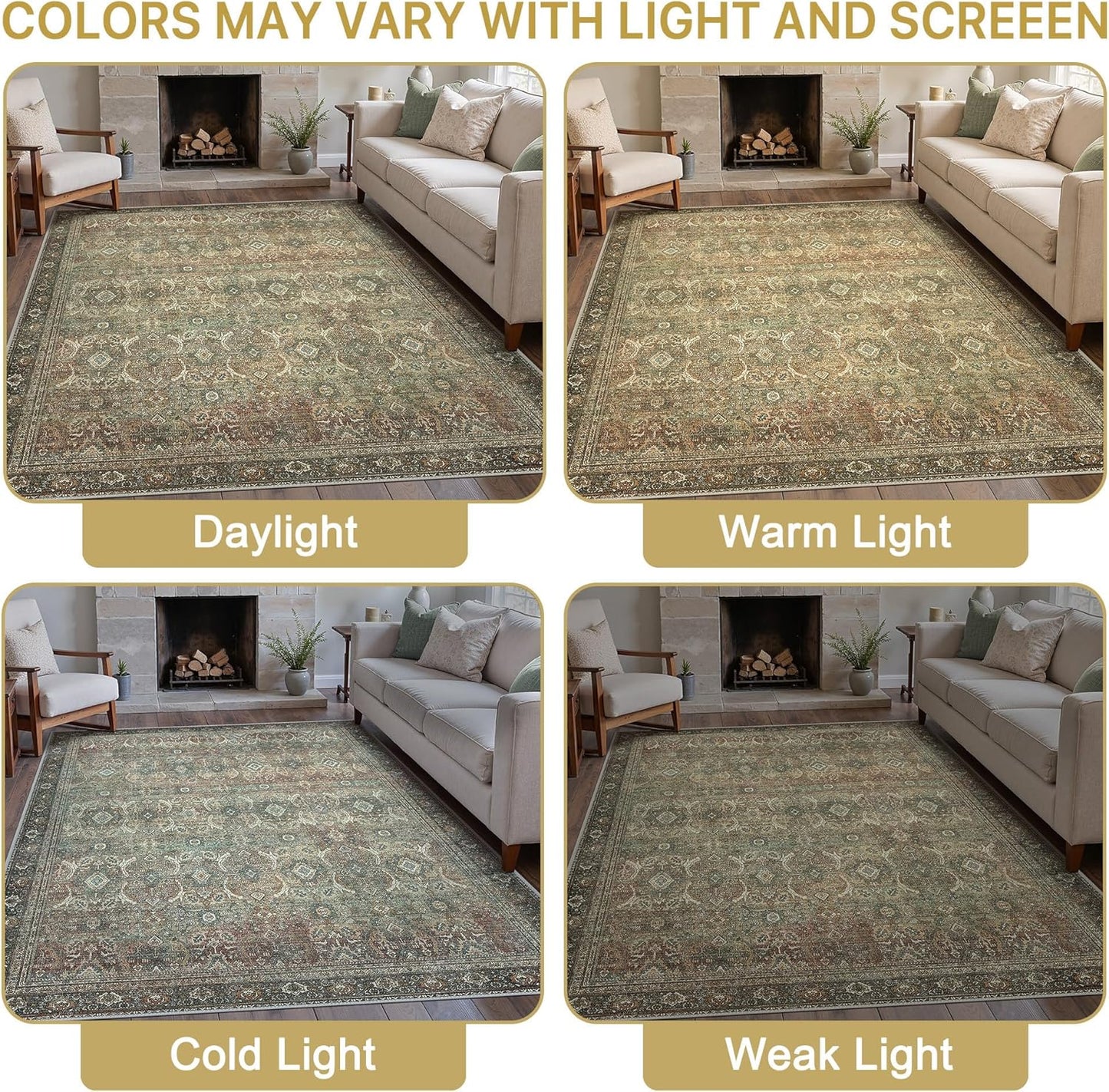 8X10 Area Rugs Machine Washable Rugs for Living Room, Vintage Boho Large Rugs for Bedroom Dining Room, Non Slip Indoor Soft Distressed Lightweight Thin Low Pile Carpet, Green Faded Red