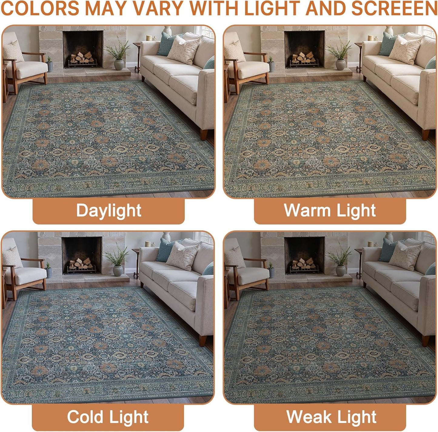 8X10 Area Rugs Machine Washable Rugs for Living Room, Vintage Boho Large Rugs for Bedroom Dining Room, Non Slip Indoor Soft Distressed Lightweight Thin Low Pile Carpet, Beige Blue Grey