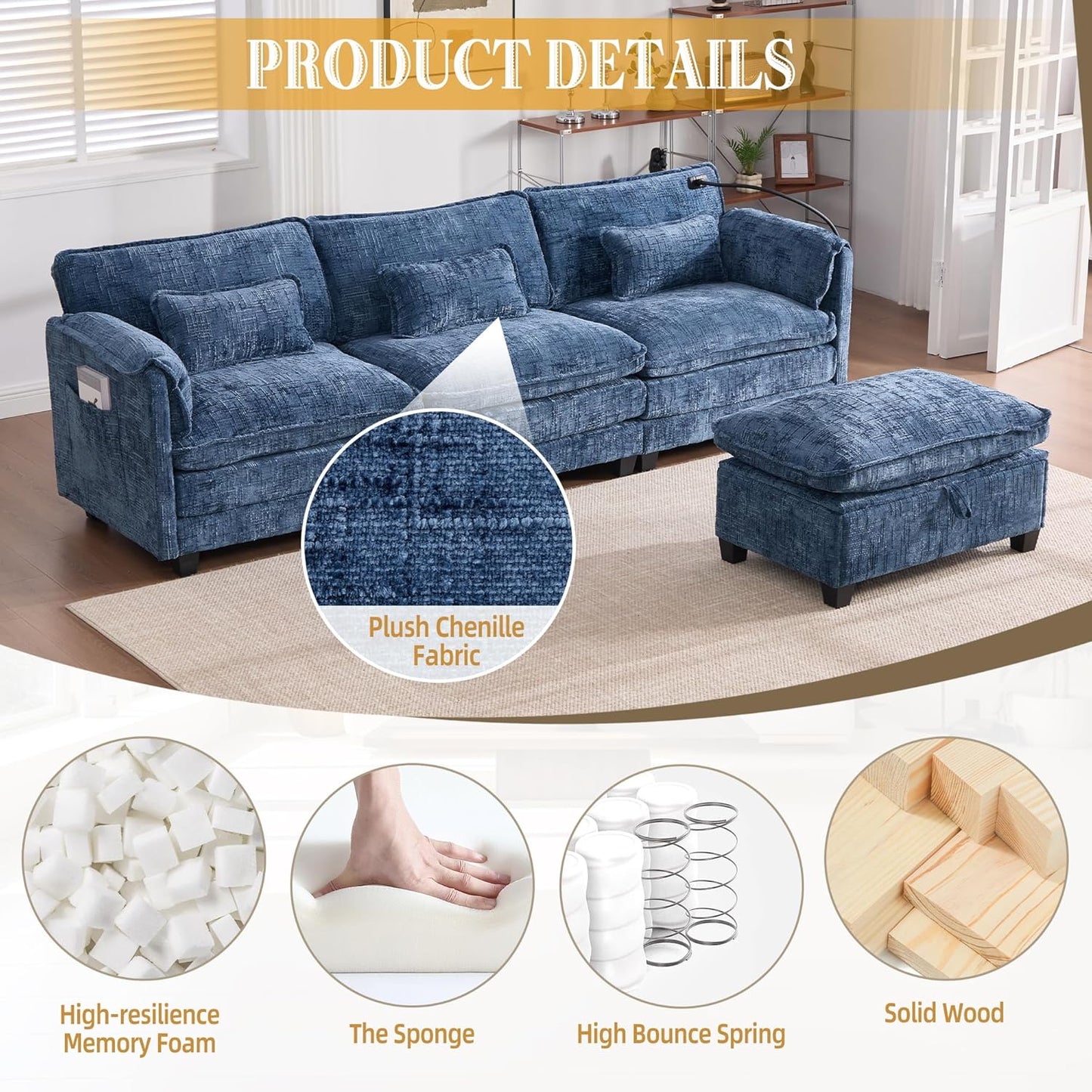 Ball & Cast Modular Sectional Sofa,L Shaped Couch with Movable Storage Ottoman,Chenille Upholstered Sofa W/USB Charging Port,Phone Holder and Side Pocket,for Living Room,Apartment,Navy,109"