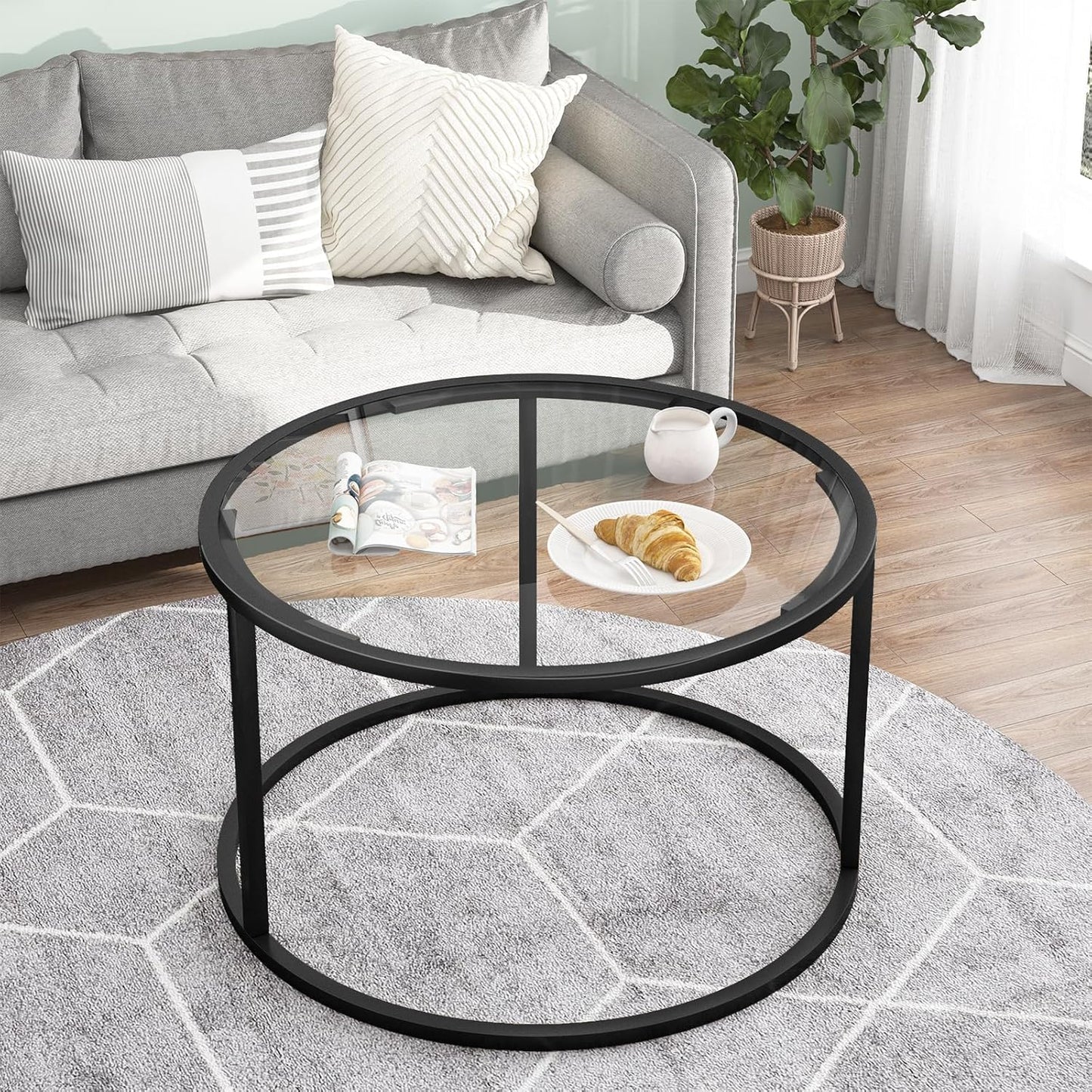 Round Coffee Table,Small Black Coffee Table for Living Room,27" Modern Center Table,Glass Top Clear Coffee Table with Sturdy Metal Frame for for Living Room Home Office, Easy Assembly,Black