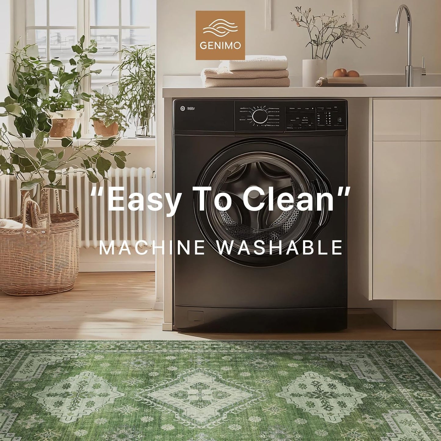 GENIMO Washable Rug 6X9 Area Rugs for Living Room Bedroom, Machine Washable Area Rug, Print Vintage Tribal Aesthetic Carpet, Low Pile Mat with Non Slip Rubber Backing, Distressed Green