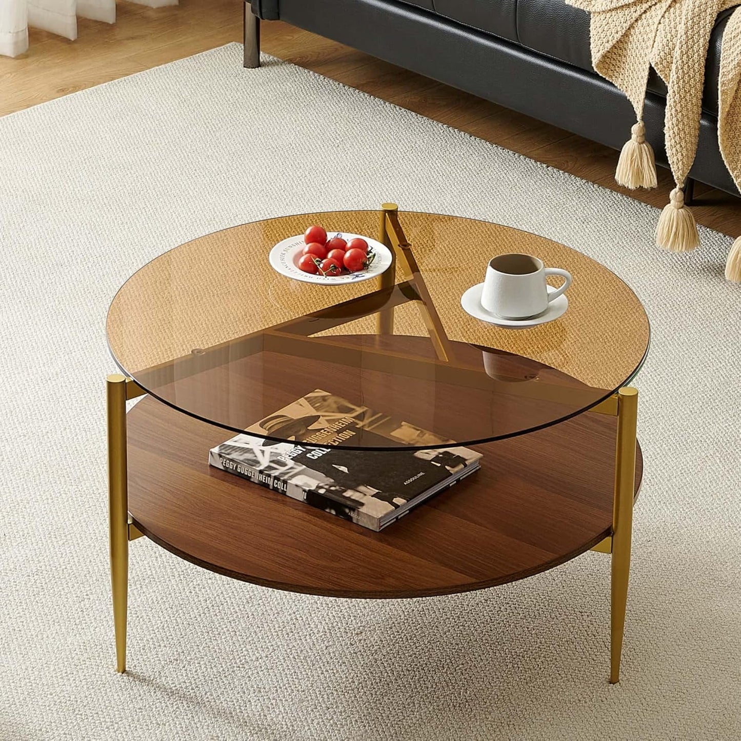 Round Coffee Table, Mid-Century Modern Design, D30*H17 inch, for Living Room, 2-Tier Structure, Amber Glass Top and Walnut Wood Shelf, Sleek Conical Metal Legs with Gold Finish
