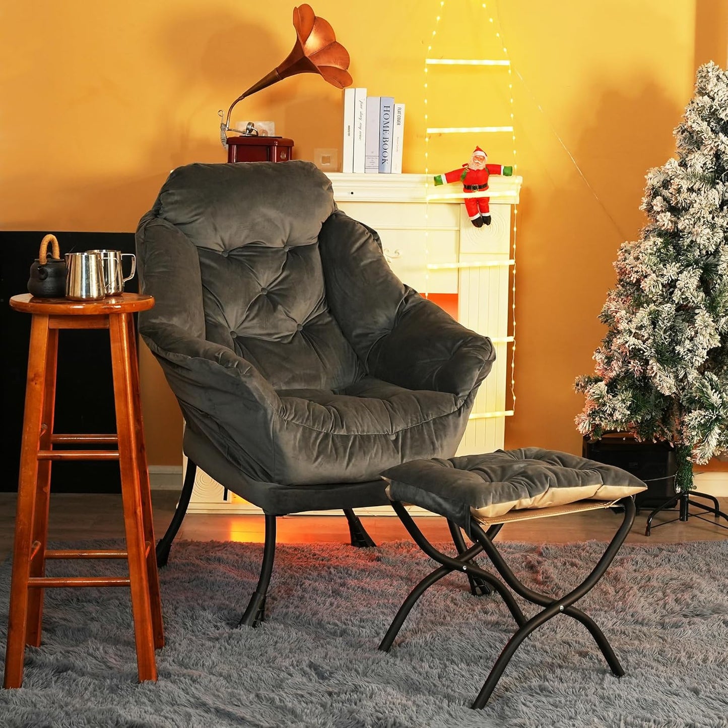 Lazy Chair with Folding Ottoman, Living Room Accent Contemporary Lounge Chair, Single Steel Frame Leisure Sofa with Armrests and Side Pocket (Dark Gray)