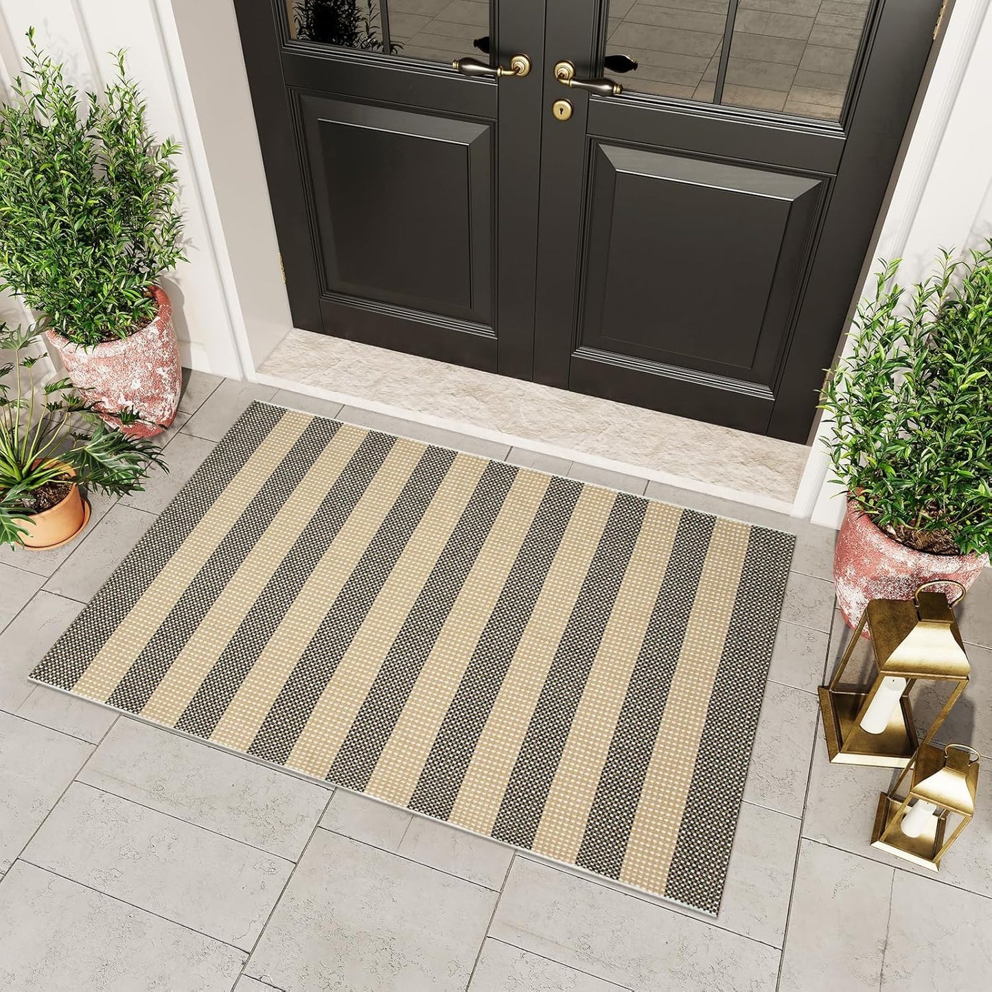OJIA Tan Washable Outdoor Rug 3'x5', Fall Front Door Mat Outside Entrance Cotton Woven Halloween Doormat Indoor Outdoor Rugs Striped Entryway Rugs Small Outdoor Door Mats for Porch Patio Kitchen Entry