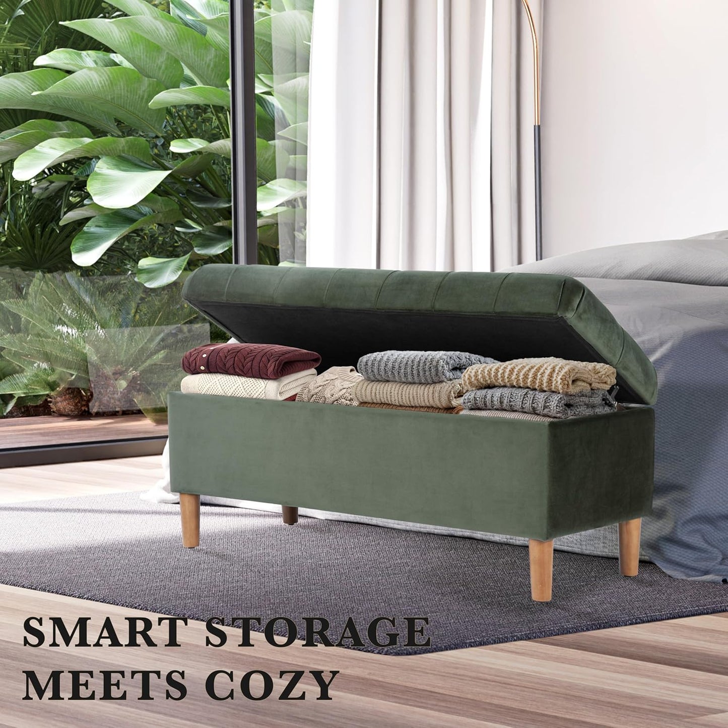 HomePop Home Decor | Tufted Ainsley Button Storage Ottoman Bench with Hinged Lid | Ottoman Bench with Storage for Living Room & Bedroom,Loden Green Velvet