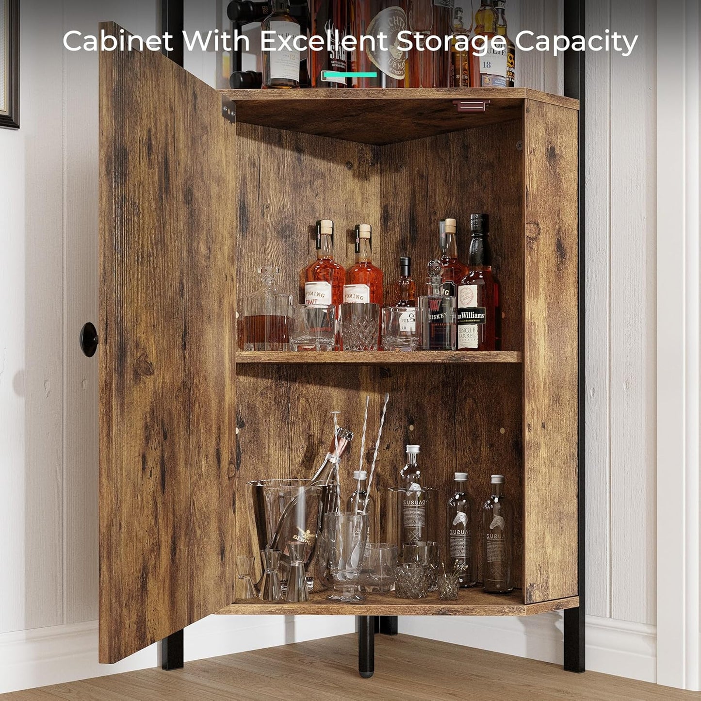 63” Corner Bar Cabinet with Wine Rack, 5-Tier Farmhouse Liquor Cabinet with Glass Holder, Adjustable Shelves & Barn Door, Rustic Brown Home Bar Storage for Living Room & Kitchen