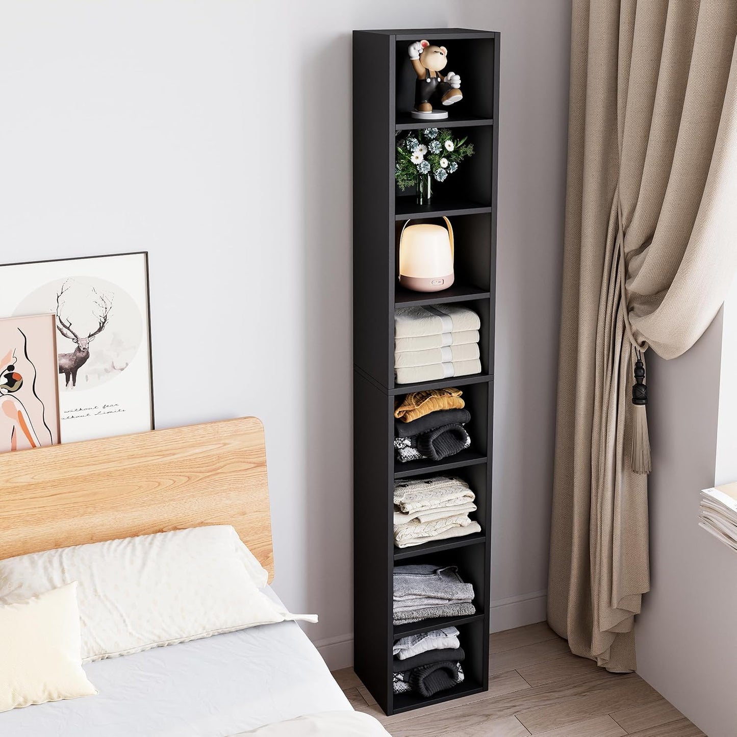 Bamjoy 71 Inches Tall Narrow Bookcase, 8-Tier Slim CD DVD Media Tower Rack, Corner Bookshelf with Adjustable Shelves, Cube Skinny Bookshelf for Home Office Small Space, Black