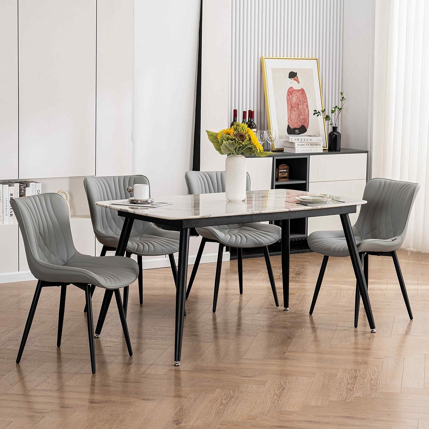 YOUTASTE Grey Dining Chairs Set of 2 Faux Leather Upholstered Kitchen Dining Room Chairs Mid Century Modern Metal Legs Chairs High Back for Kitchen Restaurant Living Room Bedrooms