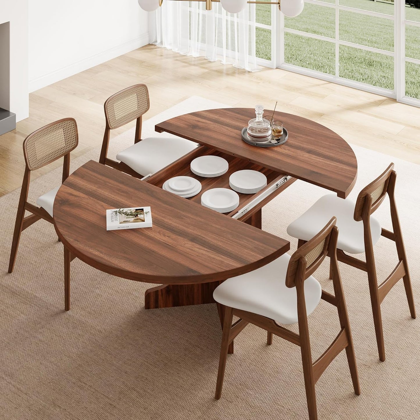 Feonase 59" Round Extendable Dining Room Table for 4-6, Modern Oval Kitchen Table with Heavy Duty Wood Base, Metal Frame Support, for Kitchen Dining Living Room, Easy Assembly, Walnut