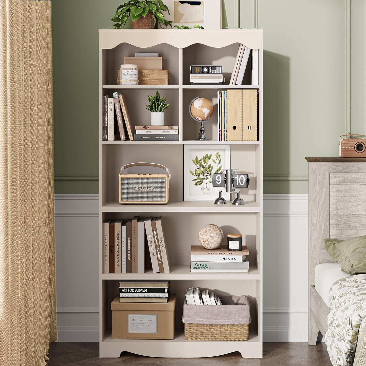 LINSY HOME 5-Shelf Bookcase Wooden, 63" Tall Bookshelf with Storage, Open Floor Standing Cube Shelf Bookcase Libreros, Beige Modern Book Shelf for Bedroom, Living Room, White Oak