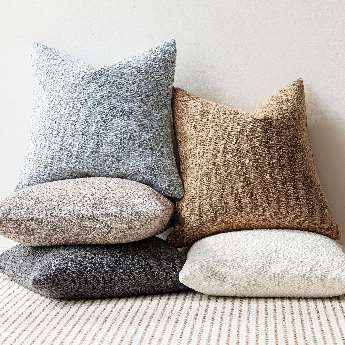 Foindtower Set of 2, Decorative Textured Boucle Throw Pillow Covers Accent Solid Pillow Cases Soft Cozy Couch Cushion Case for Chair Sofa Bedroom Living Room Home Decor 26 x 26 Inch Taupe Khaki Camel