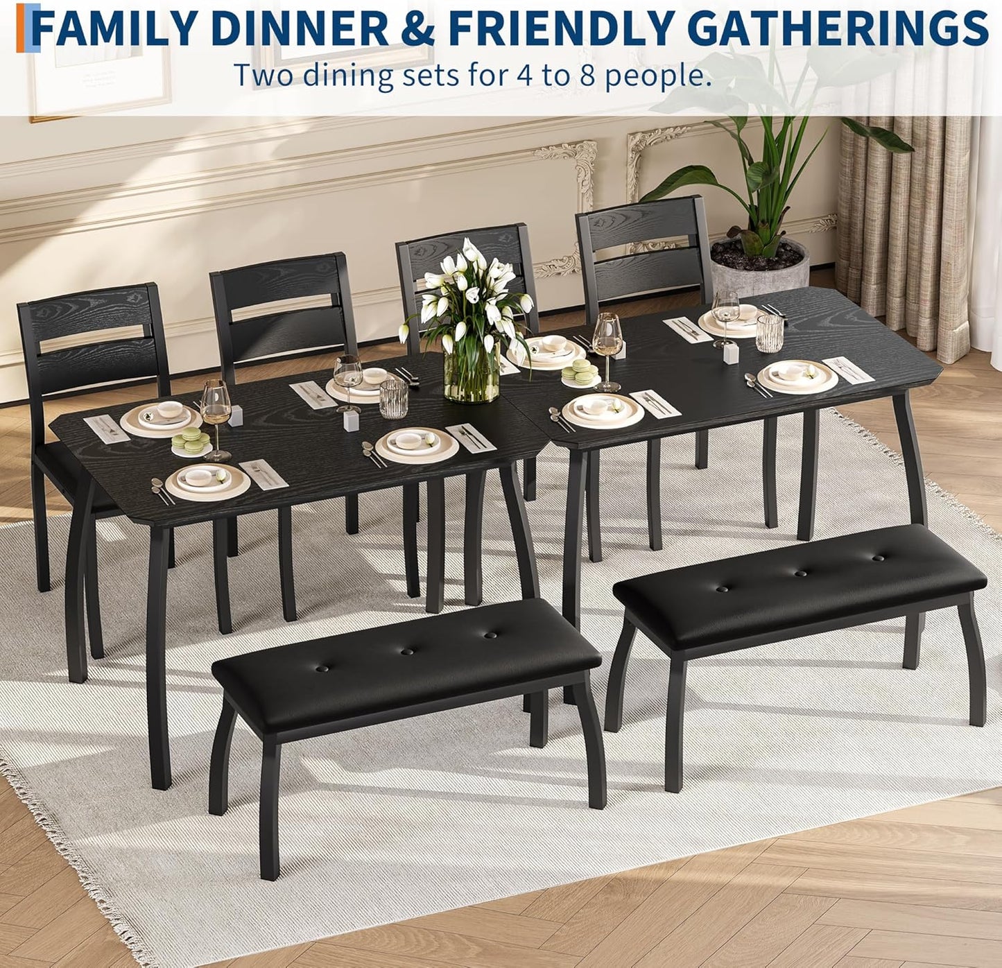 GAOMON Dining Table Set for 4, Wooden Kitchen Table with Upholstered Bench & 2 Cushion Chairs, Space-Saving Dinette Set for Studio, Kitchen, Dining Room, Apartment(43''x28''x30''), Black