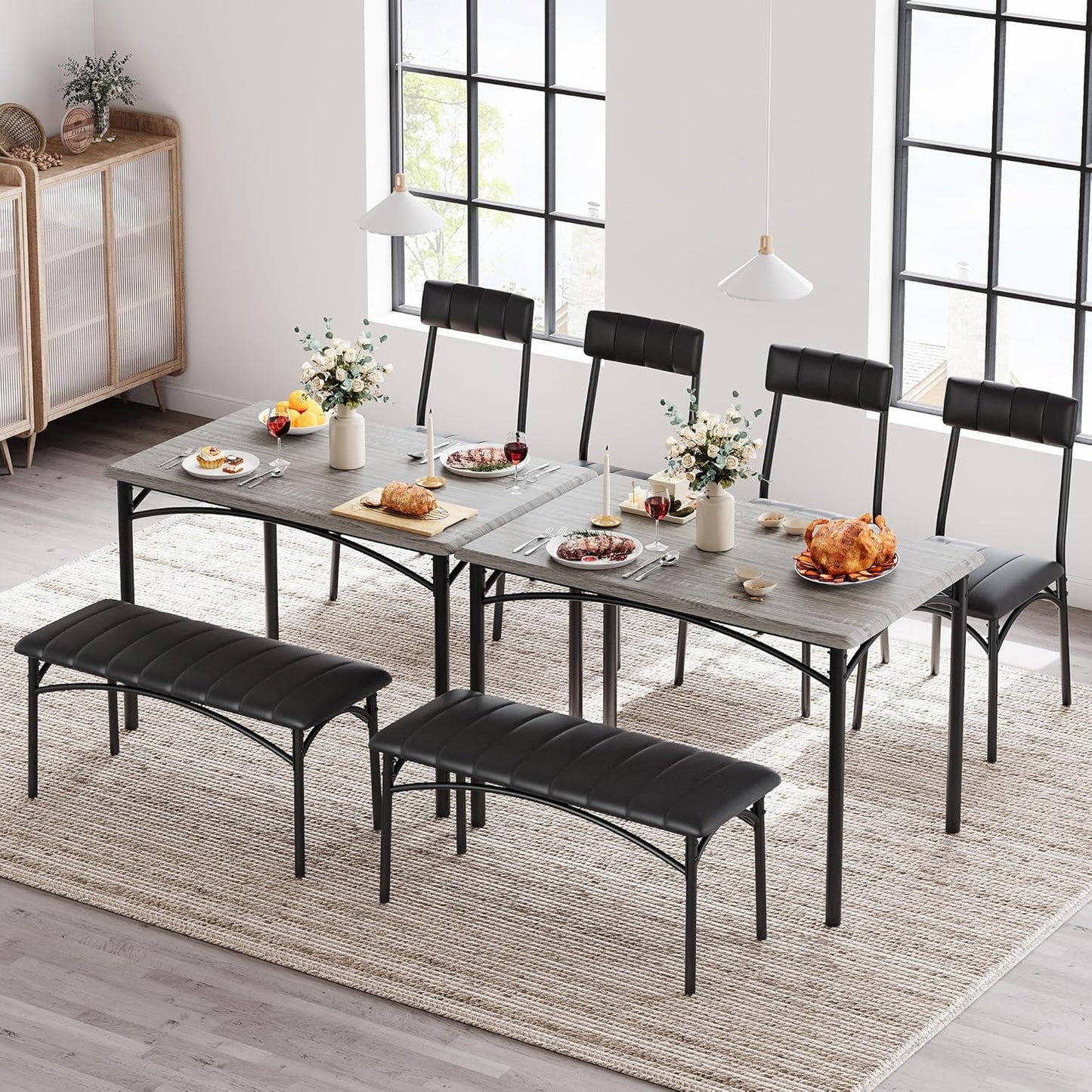 GAOMON Dining Table Set for 4 with Upholstered Bench and 2 Chairs, Rectangular Dining Room Table Set for 4 for Small Space, Apartment, Dinner, Rustic Gray