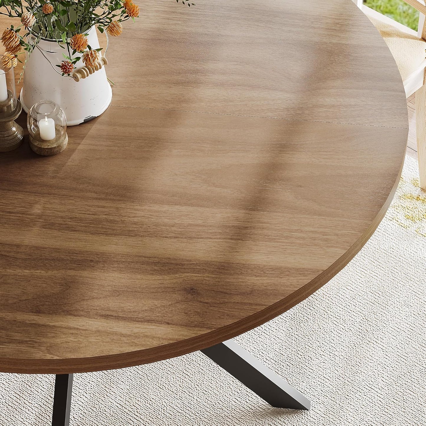 ChooChoo 47.2 Inch Round Dining Table for 4, Farmhouse Wood Kitchen Table, Circle Dinner Table for Kitchen & Dining Room, Walnut