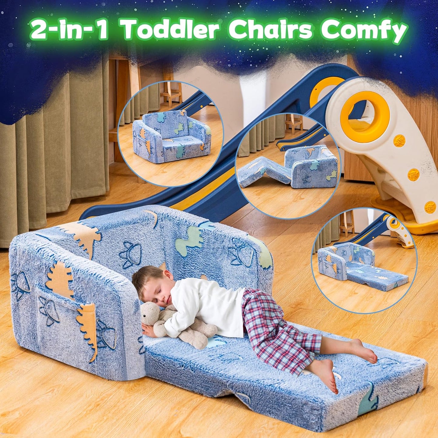 Lamerge 2-in-1 Soft Toddler Couch Fold Out,Foldable Toddler Chair, Glow in The Dark Kids Sofa for playroom,Convertible Foam and Floor Cushion for Boys and Girls (Blue and Dinosaur)