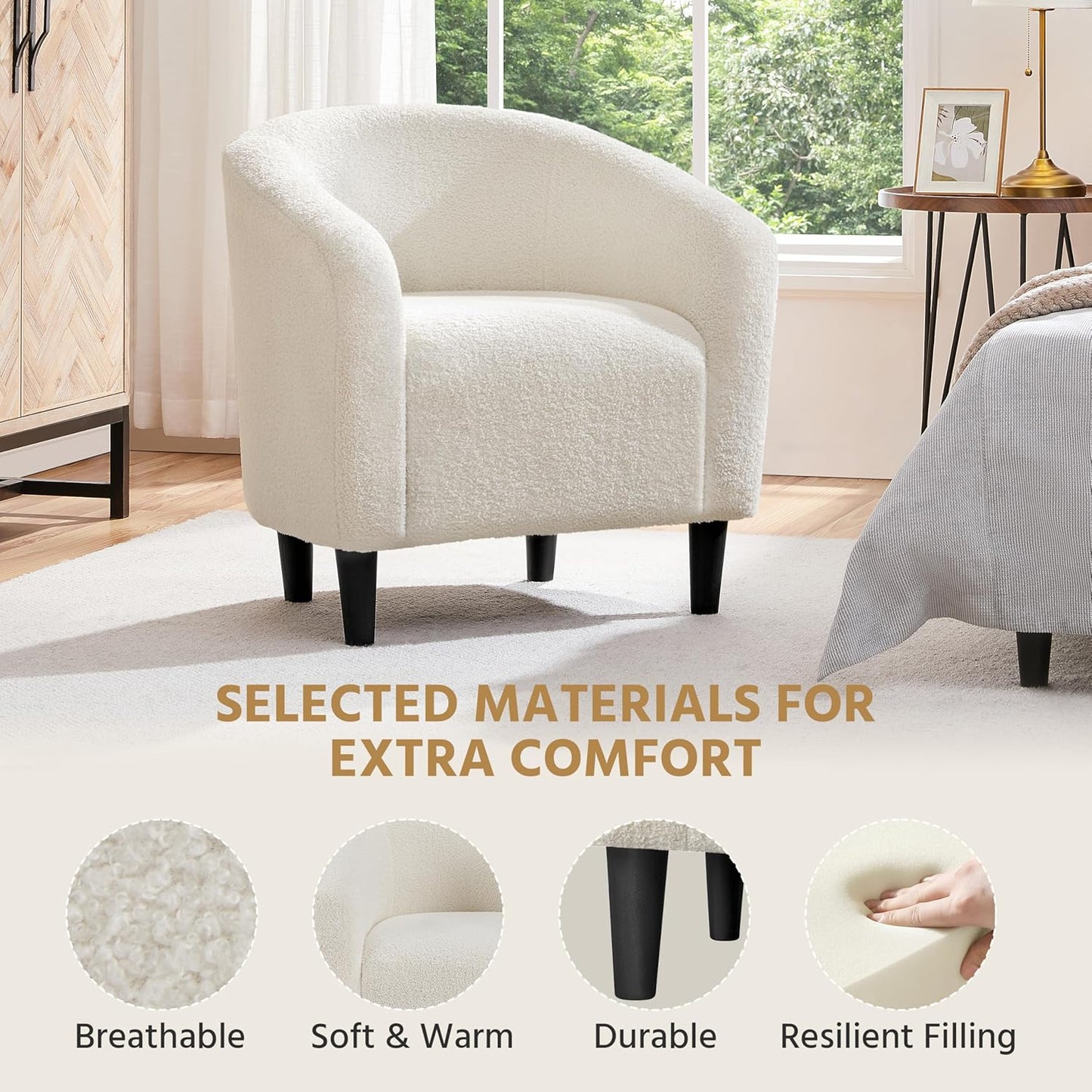 Yaheetech Accent Barrel Chair, Boucle Fabric Club Chair, Furry Sherpa Elegant Armchair with Cozy Soft Padded, Suitable for Living Room Bedroom Reception Room Office, Ivory