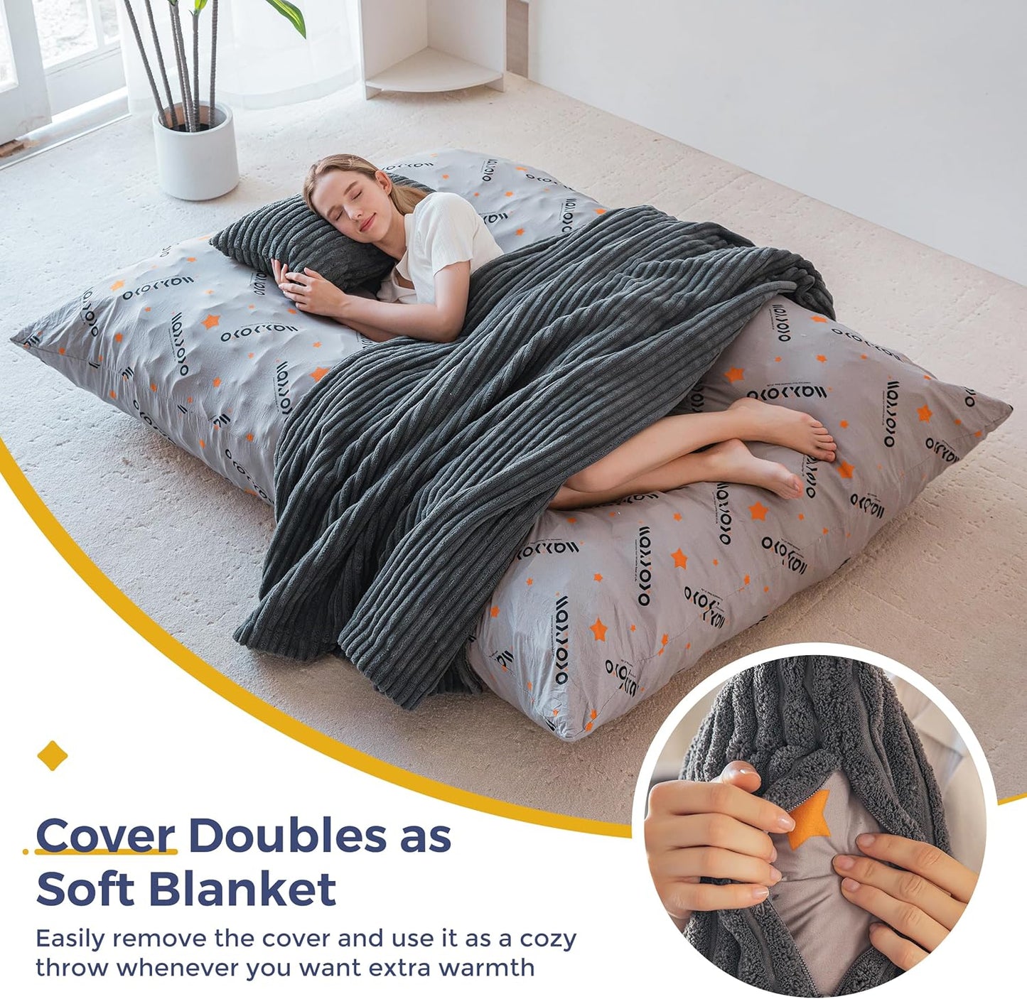 MAXYOYO Giant Bean Bag Chair with Pillow, 3 in 1 Convertible Bean Bag Chair for Adults with Washable Cover, Removable Floor Cushion Stuffed Floor Lounger for Living Room Bedroom, Dark Grey, Queen