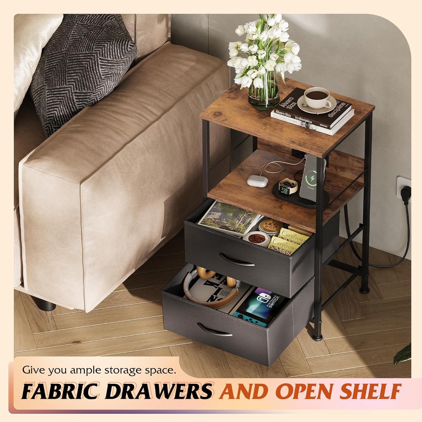 WLIVE Nightstand with Charging Station, LED Night Stand with 2 Fabric Drawers and Open Shelf, Small Dresser for Small Spaces, Side End Tables for Bedroom, Rustic Brown and Black