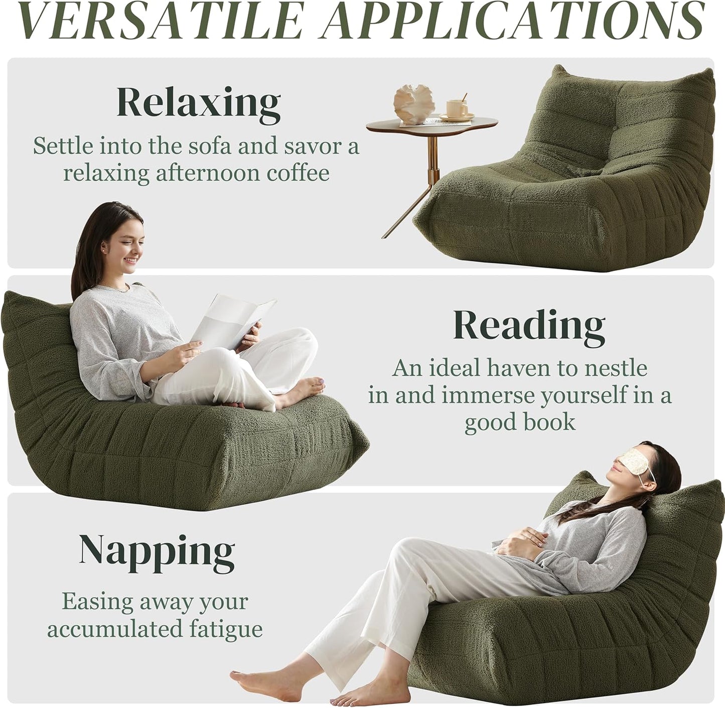 Bean Bag Chair, Fireside Chair Bean Bag Sofa for Adults, Bean Bag Chairs for Teens with High-Resilience Foam, Memory Foam & Non-Slip Base Bean Bag for Living Room, Bedroom, Office (Teddy, Green)