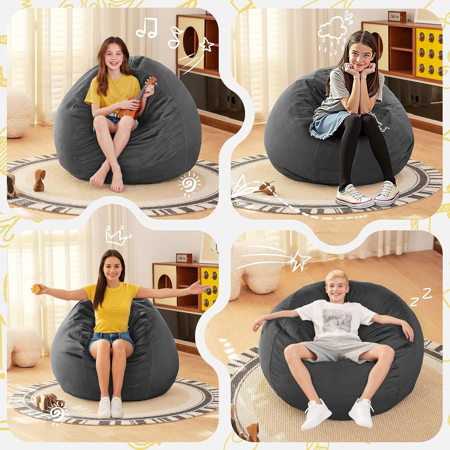 HABUTWAY 2FT Bean Bag Chair, 2' Beanbags Small Bean Bag Chairs with Filling, Teardrop Bean Bag Chair Luxurious Velvet Ultra Soft Fur with Removable Cover (Grey)