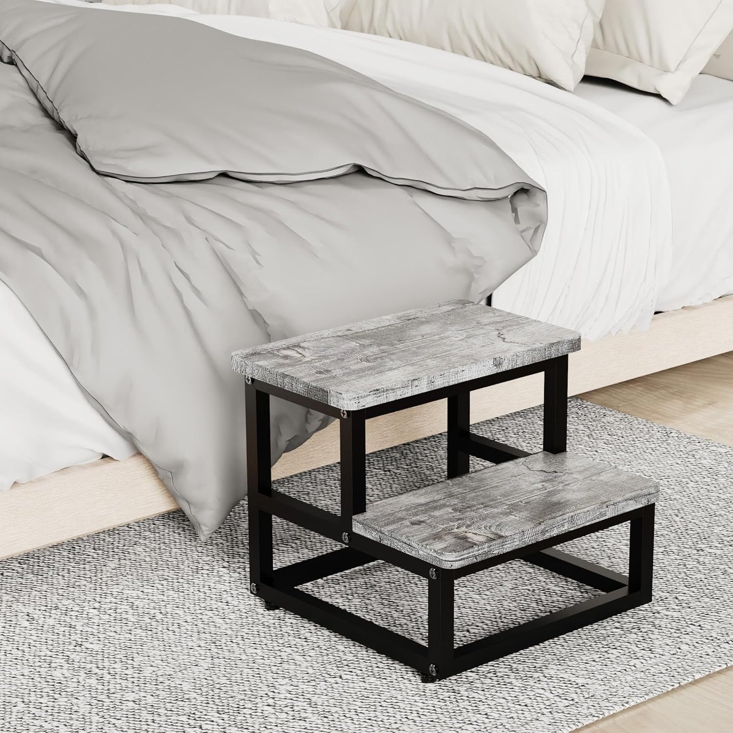 Step Stools for Kids Adults, Heavy Duty Stepping Stools Bed Steps for High Beds, Non-Slip Metal and Wooden 2 Steps Foot Stool for Bedside Kitchen, Round Corner, 500 Lbs Capacity, Gray Pattern