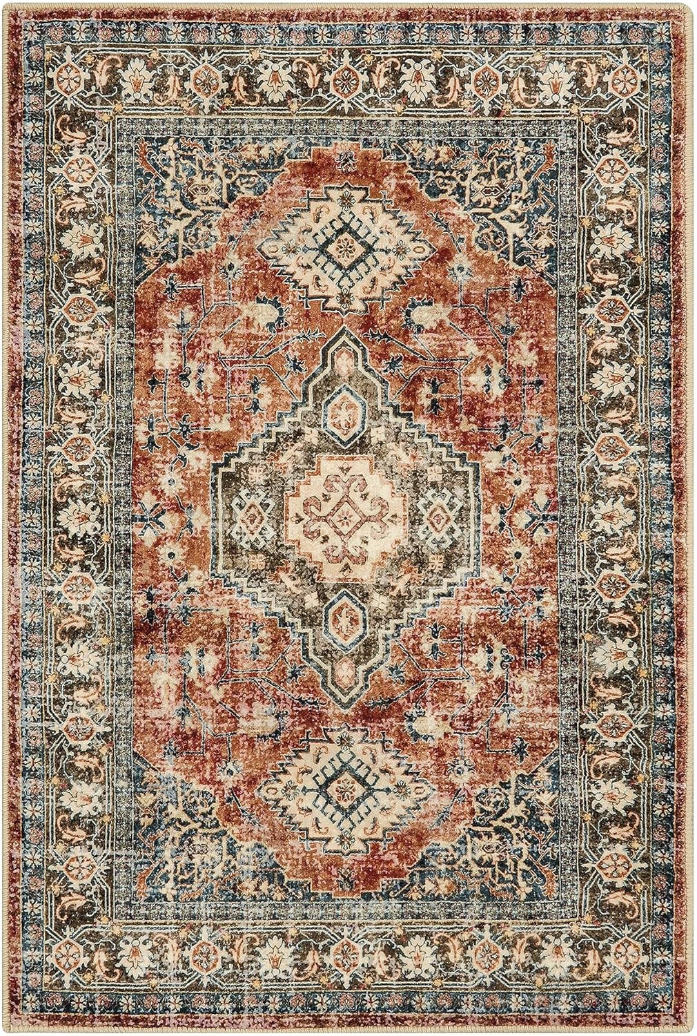 Lahome Oriental Washable Small Area Rug, 2x3 Rugs for Entryway Kitchen, Ultra-Thin Soft Indoor Door Mat Non Slip Throw Carpet for Bedroom Bathroom, Brick Red