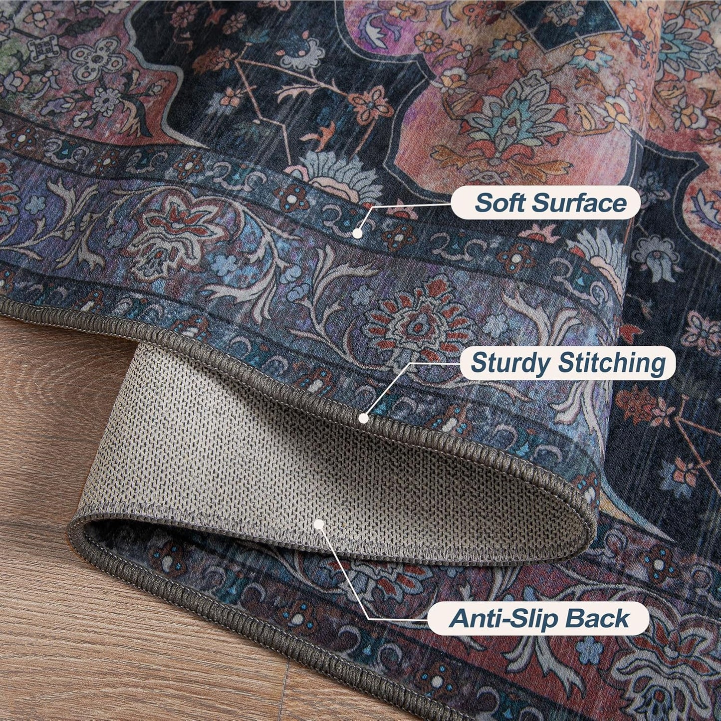 Tangsoo 2x5 Washable Runner Rug for Hallways, Non Slip Vintage Runner, Soft Low Pile Long Rug Runner, Print Distressed Navy/Mlulti Carpet Runners for Kitchen Bedroom Entryway Bathroom Living Room