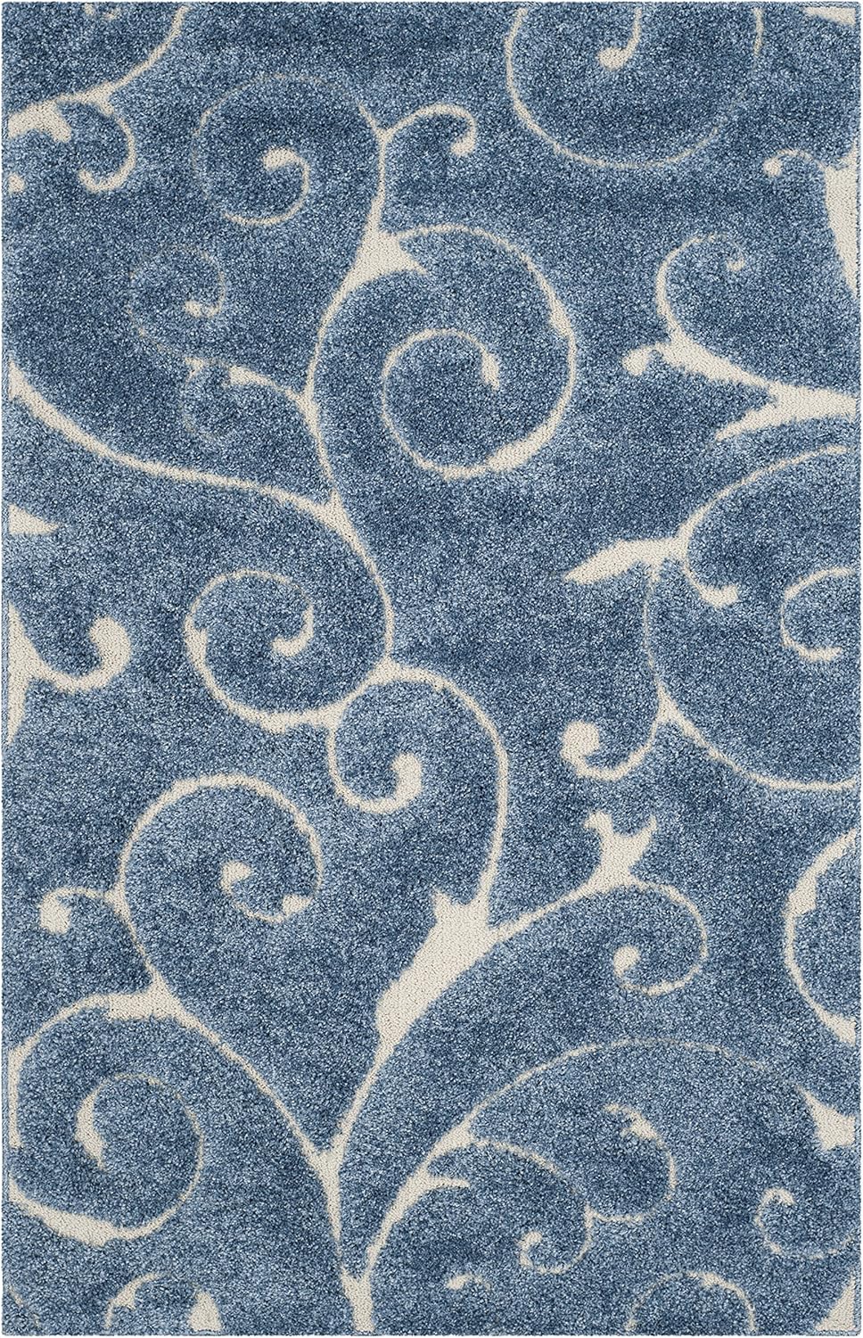 SAFAVIEH Florida Shag Collection Accent Rug - 4' x 6', Light Blue & Cream, Scroll, Non-Shedding & Easy Care, 1.2-inch Thick Ideal for High Traffic Areas in Entryway, Living Room, Bedroom (SG455-6011)