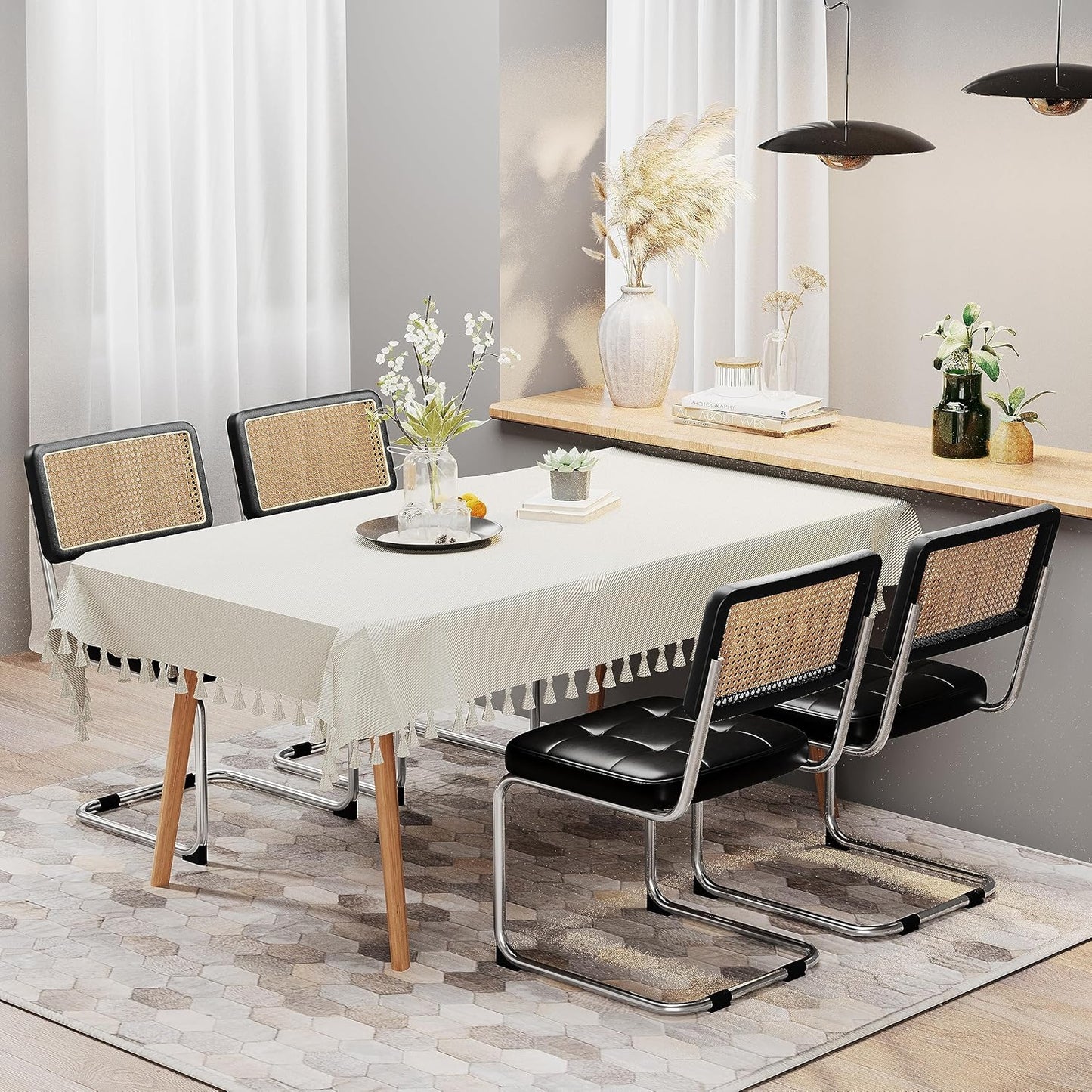 Rattan Dining Chairs Set of 2 Mid Century Modern Kitchen Chairs with Natural Rattan Backrest Oak Frame and Upholstered Pu Seat Chairs with Metal Legs, Black