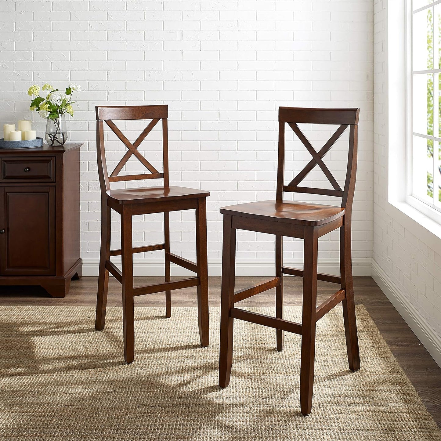 Crosley Furniture X-Back Wood Bar Stools Set of 2, Vintage Mahogany, 30-inch