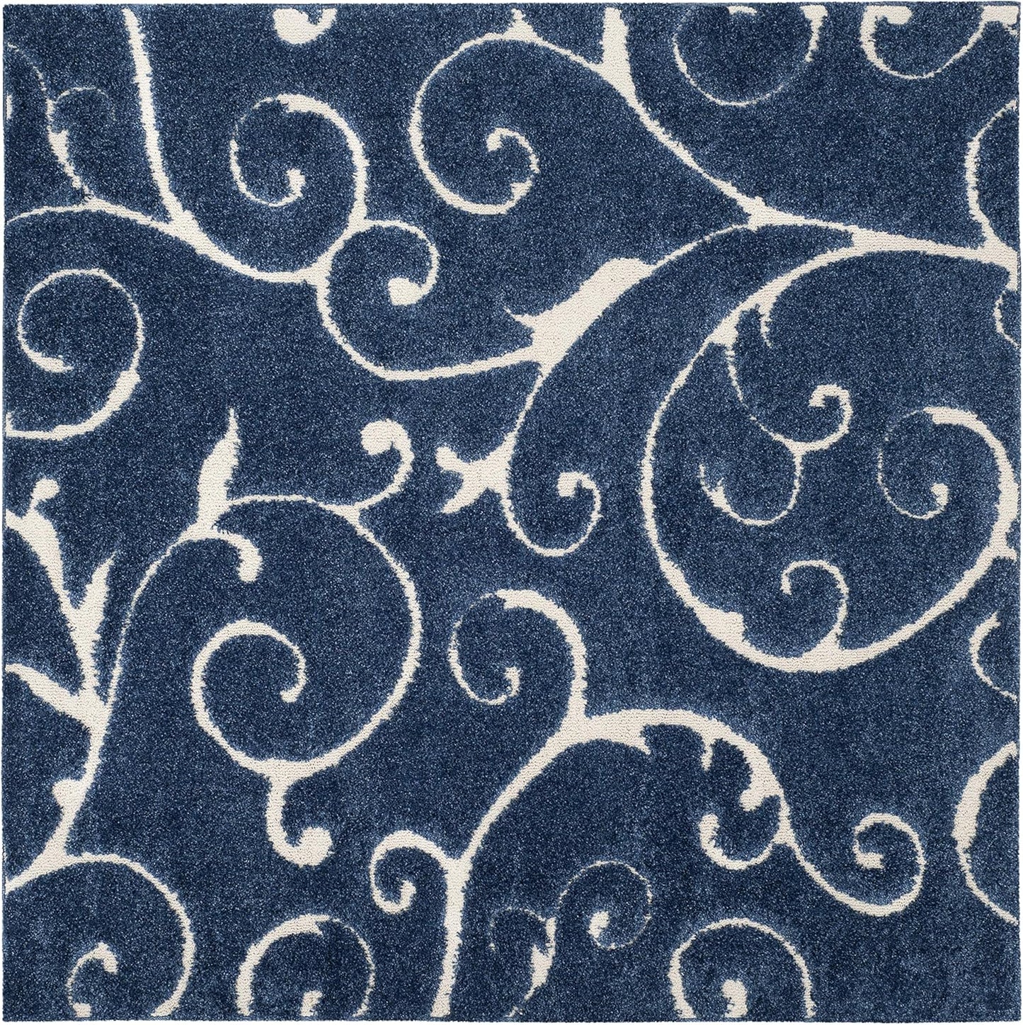 SAFAVIEH Florida Shag Collection Area Rug - 5' Square, Dark Blue & Cream, Scroll Design, Non-Shedding & Easy Care, 1.2-inch Thick Ideal for High Traffic Areas in Living Room, Bedroom (SG455-6511)