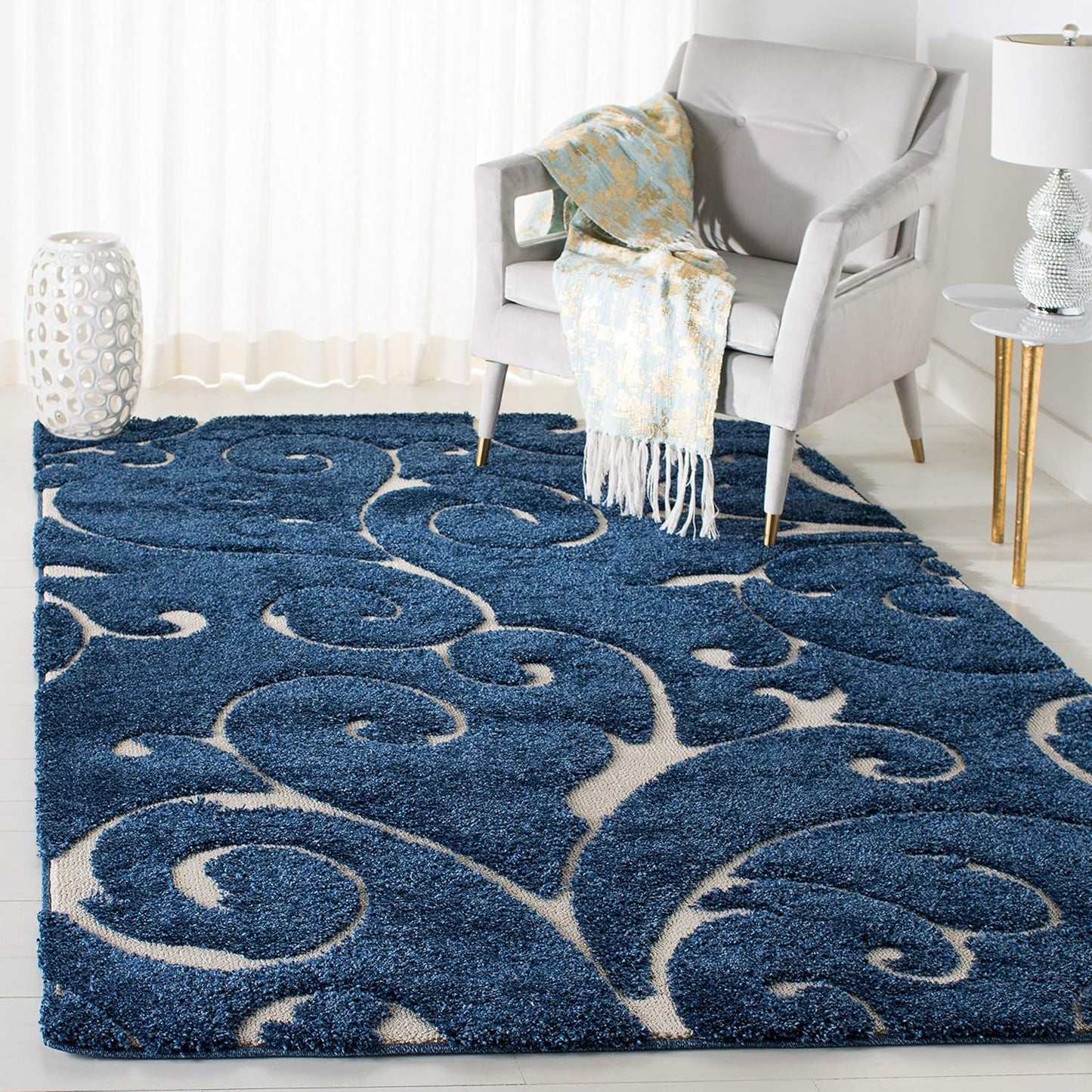 SAFAVIEH Florida Shag Collection Accent Rug - 4' x 6', Dark Blue & Cream, Scroll, Non-Shedding & Easy Care, 1.2-inch Thick Ideal for High Traffic Areas in Entryway, Living Room, Bedroom (SG455-6511)