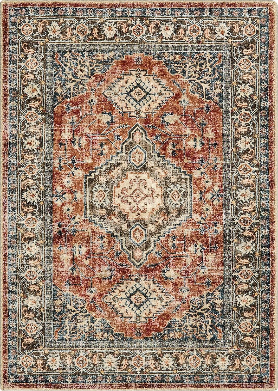 Lahome Oriental Area Rug, 3x5 Washable Rugs for Living Room Non Slip Entry Mat, Vintage Soft Pet Friendly Throw Carpet for Entryway Bedroom Dinning Room, Brick Red