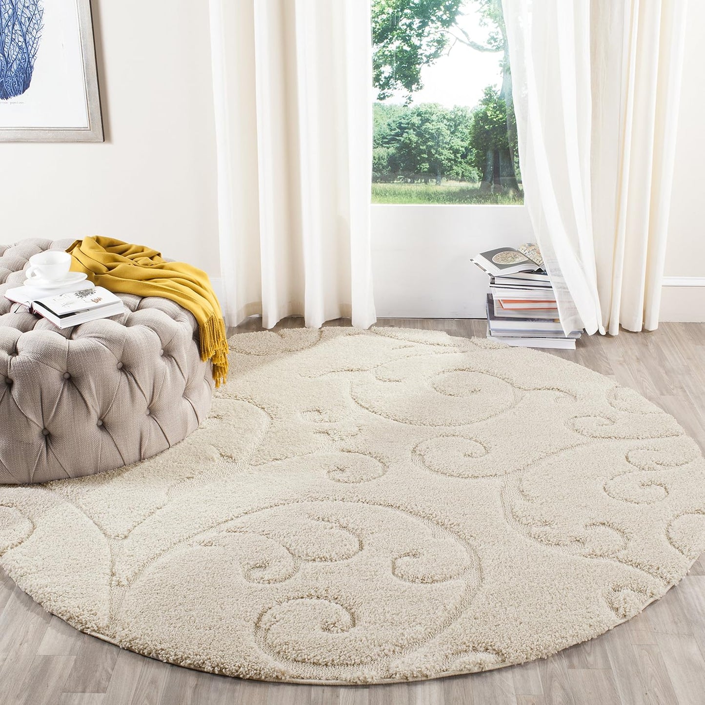 SAFAVIEH Florida Shag Collection Area Rug - 11' Round, Creme & Creme, Scroll Design, Non-Shedding & Easy Care, 1.2-inch Thick Ideal for High Traffic Areas in Living Room, Bedroom (SG455-1111)