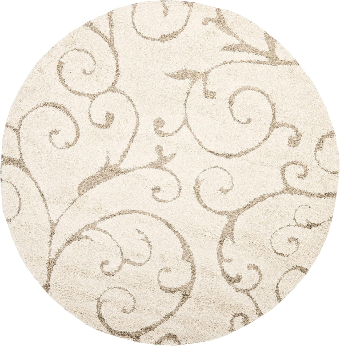 SAFAVIEH Florida Shag Collection Area Rug - 3'3" Round, Cream & Beige, Scroll Design, Non-Shedding & Easy Care, 1.2-inch Thick Ideal for High Traffic Areas in Living Room, Bedroom (SG455-1113)