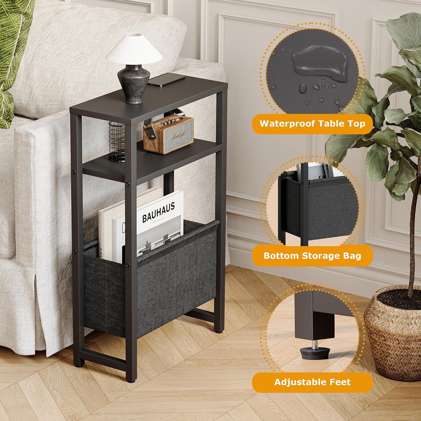 Narrow Side Table with Charging Station, Slim End Table with Magazine Rack, Bedside Table for Small Spaces, 3 Tier Sofa Couch Table Nightstand for Living Room, Bedroom, Black LET503BE