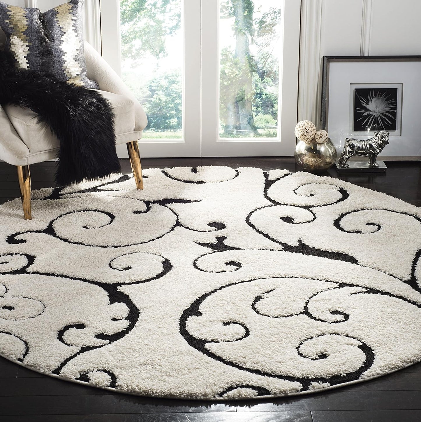 SAFAVIEH Florida Shag Collection 11' Round Ivory / Black SG455 Scrolling Vine Graceful Swirl Textured Non-Shedding Living Room Bedroom Dining Room Entryway Plush 1.2-inch Thick Area Rug