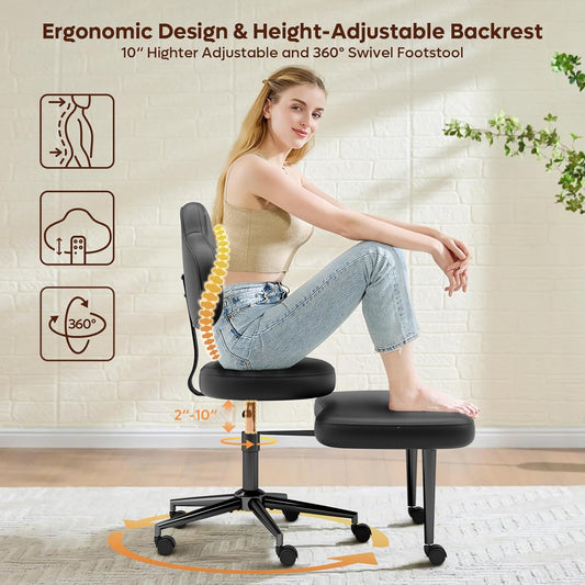 Cross Legged Office Chair with Wheels, Meditation Chair, ADHD Chair for Adults, Wider Height Adjustable Backrest and Seat, Yoga Office Chair, PU Leather, Black